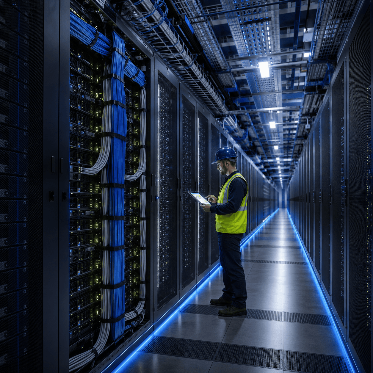 Field technician inside a hyperscale data center reviewing rack documentation