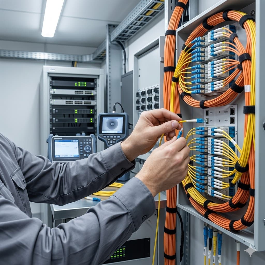 Technician routing fiber optic patch cables in a telecom central office distribution frame