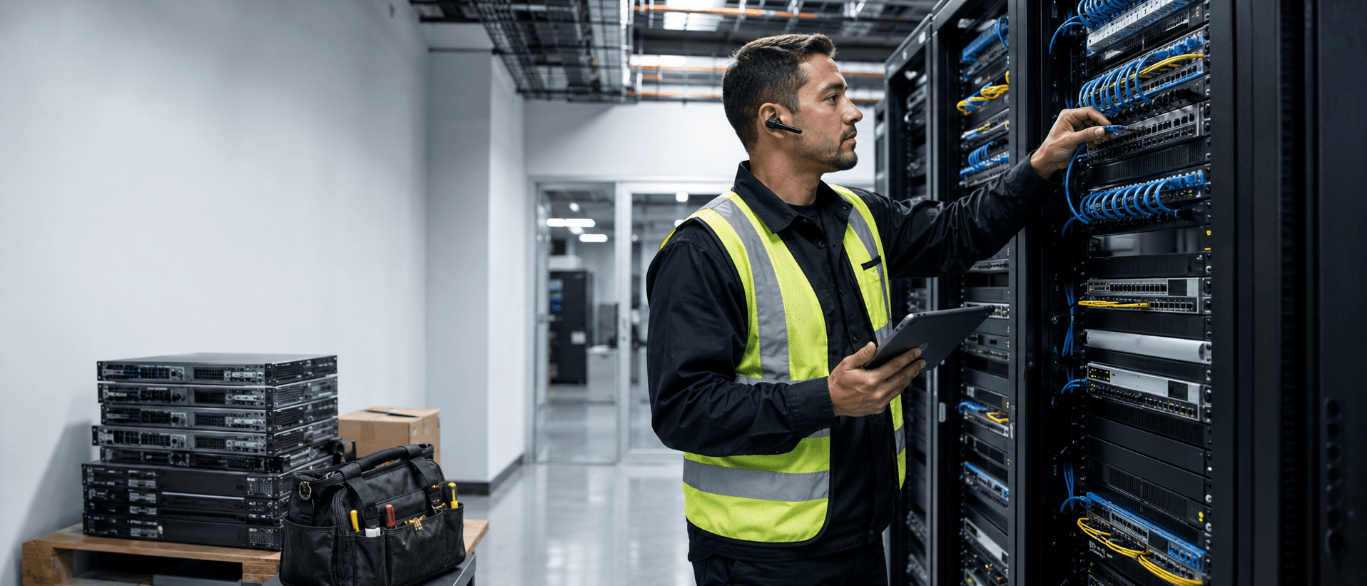 AES field technician performing smart hands work in a data center